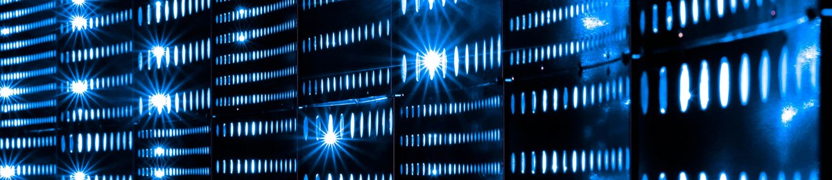 Illuminated server racks inside a data centre
